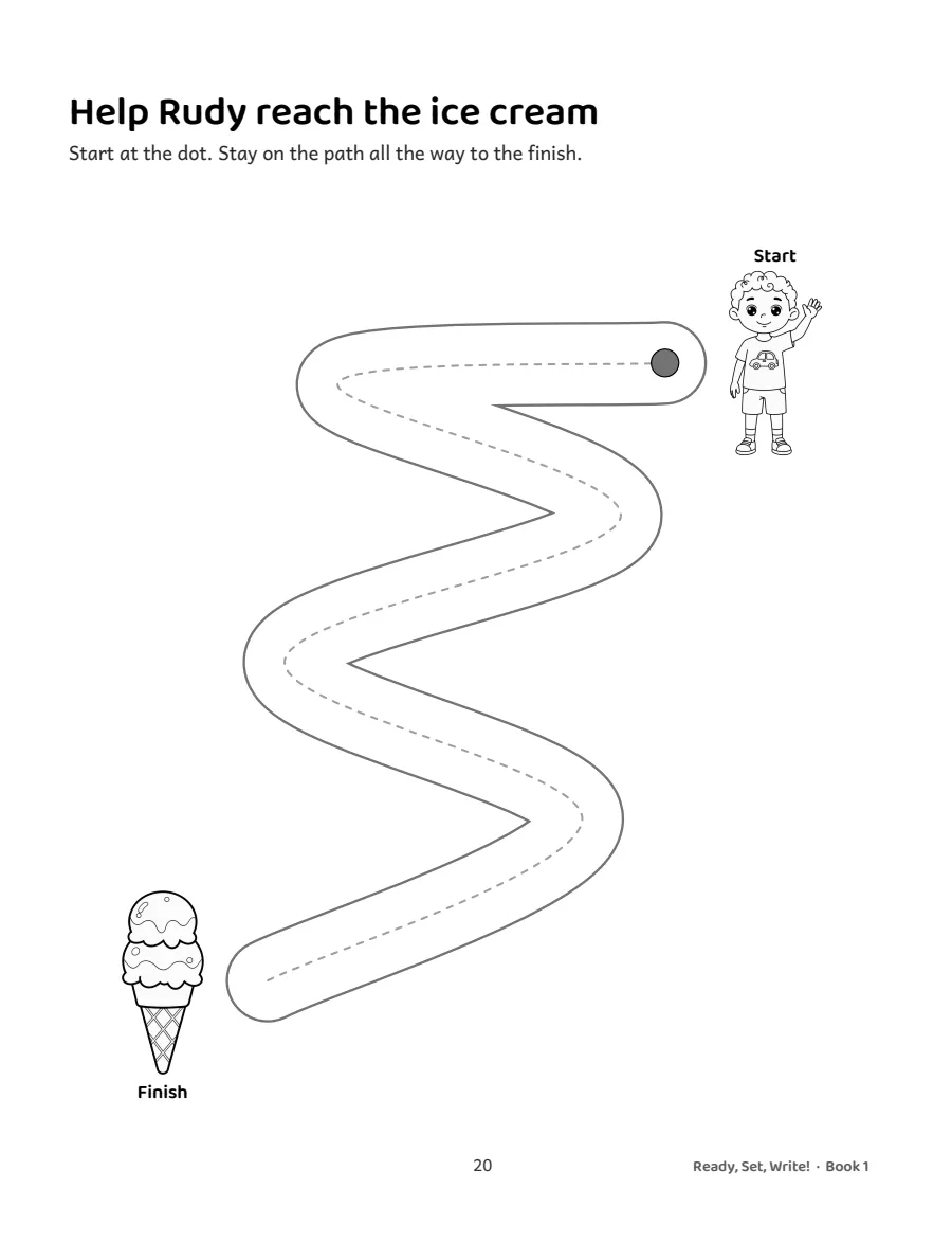 A winding path maze from a start dot to an ice cream, drawn as two lines with a dashed line down the middle.