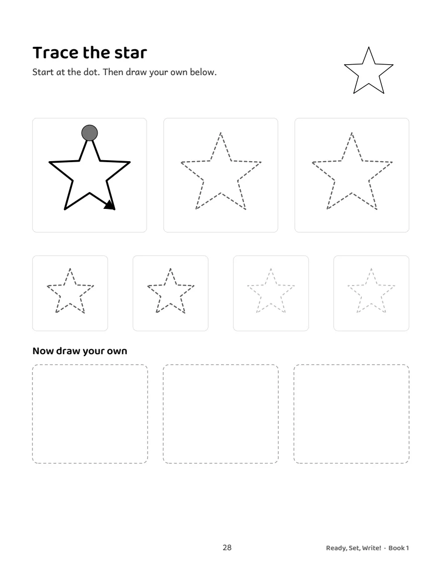 A page of star shapes, one solid model with a start dot, then dotted copies that get fainter, then empty boxes to draw in.