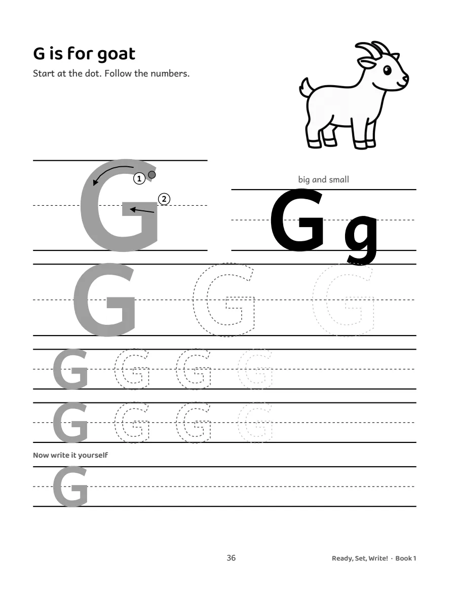 A page for the letter G. A large model letter with a start dot and numbered arrows, then rows of dotted letters on handwriting rules.