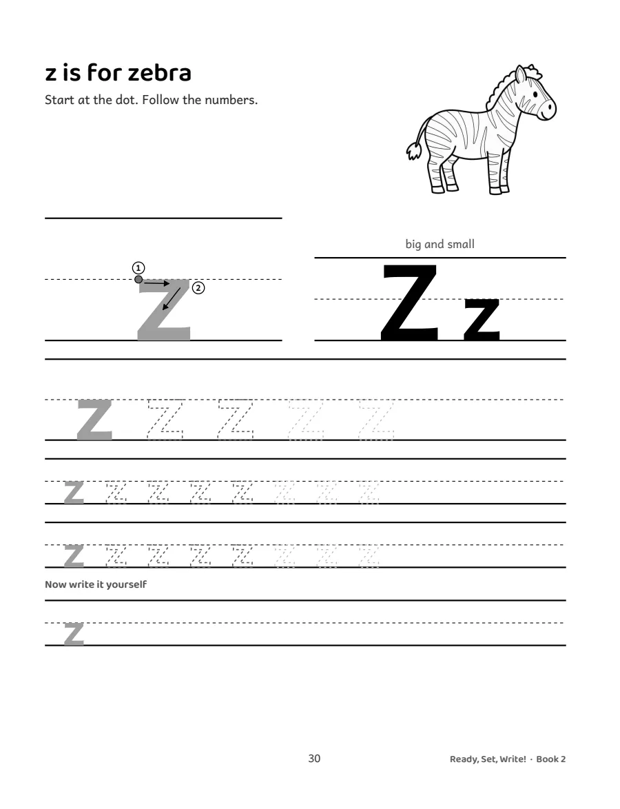 A lowercase letter page with a large model letter, a start dot and numbered arrows, above rows of dotted letters.