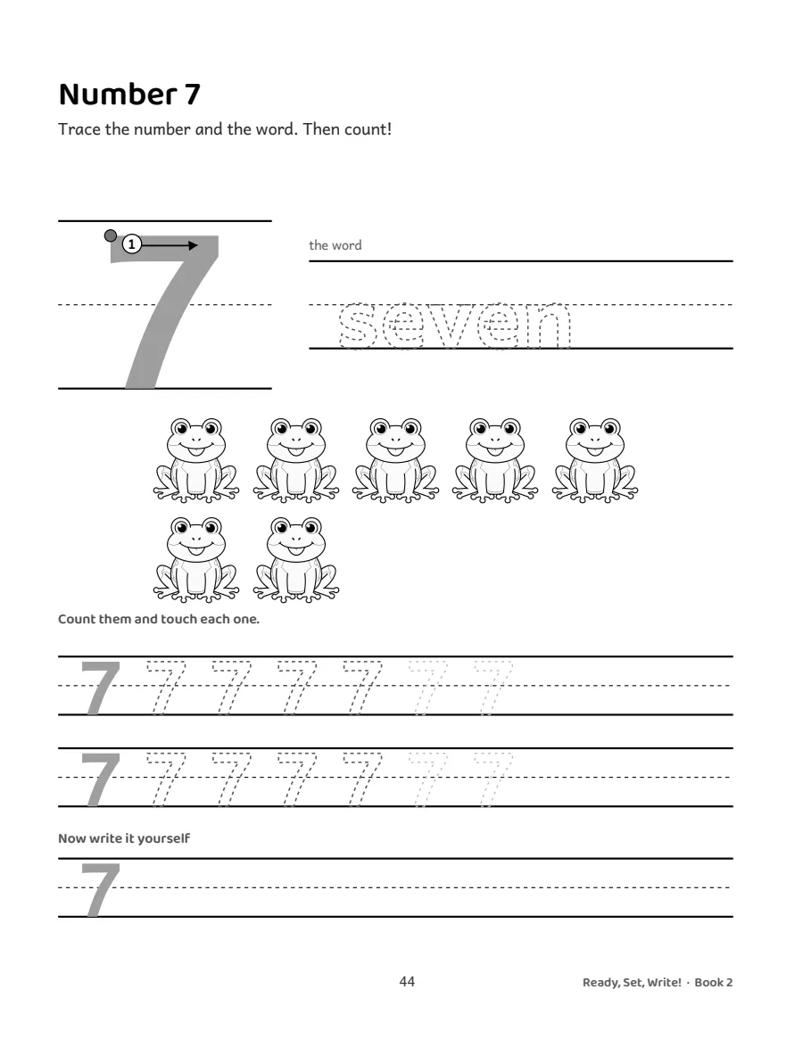 A number page showing a numeral to trace and a group of objects to count.