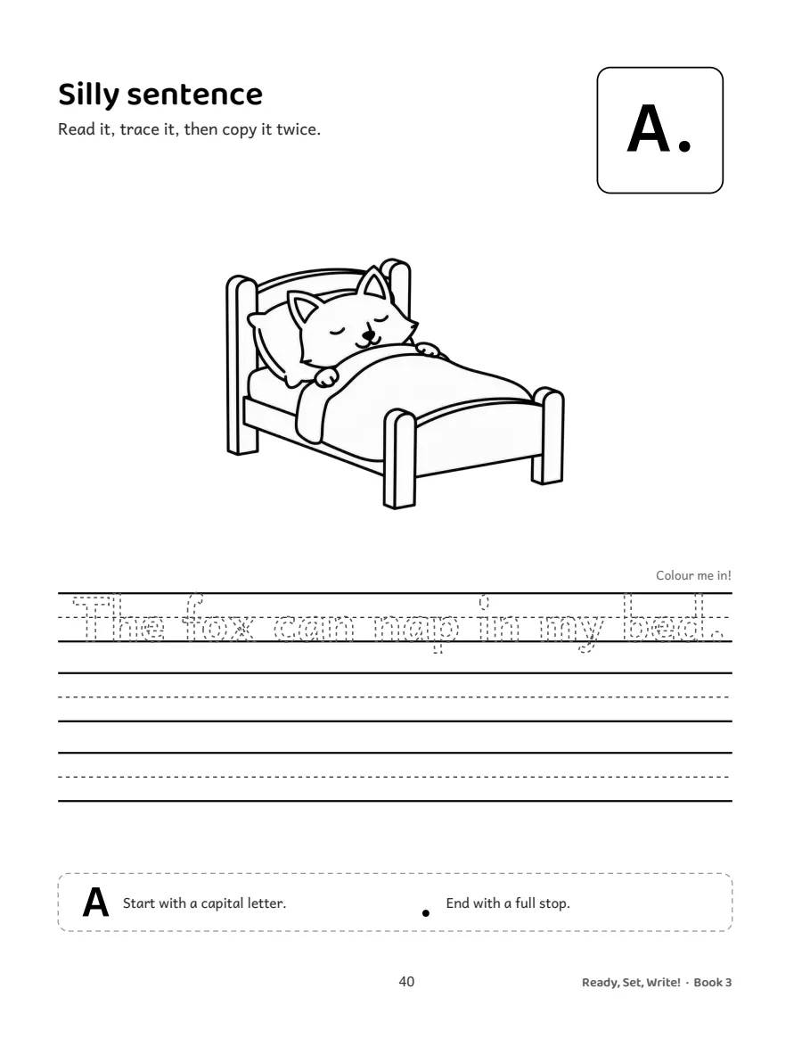 A silly sentence to copy on handwriting rules, with a picture beside it to colour in.